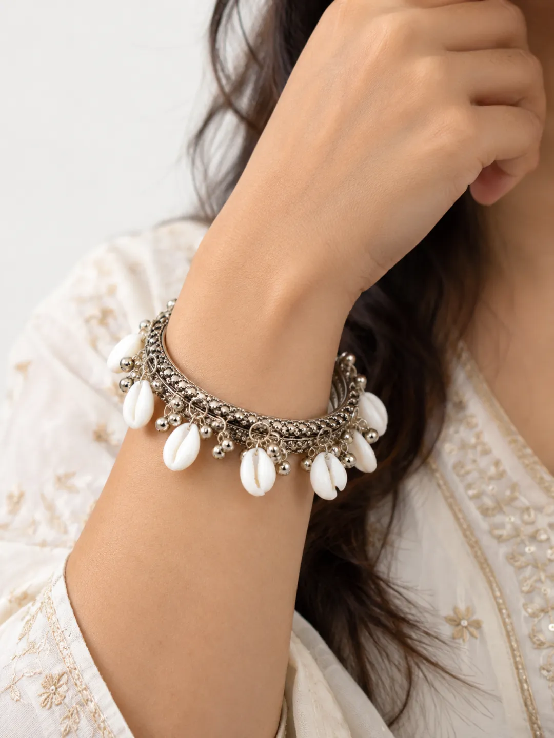Cowrie Shell Oxidised Bangles — worn on the wrist