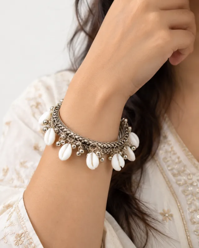 Cowrie Shell Oxidised Bangles — worn on the wrist