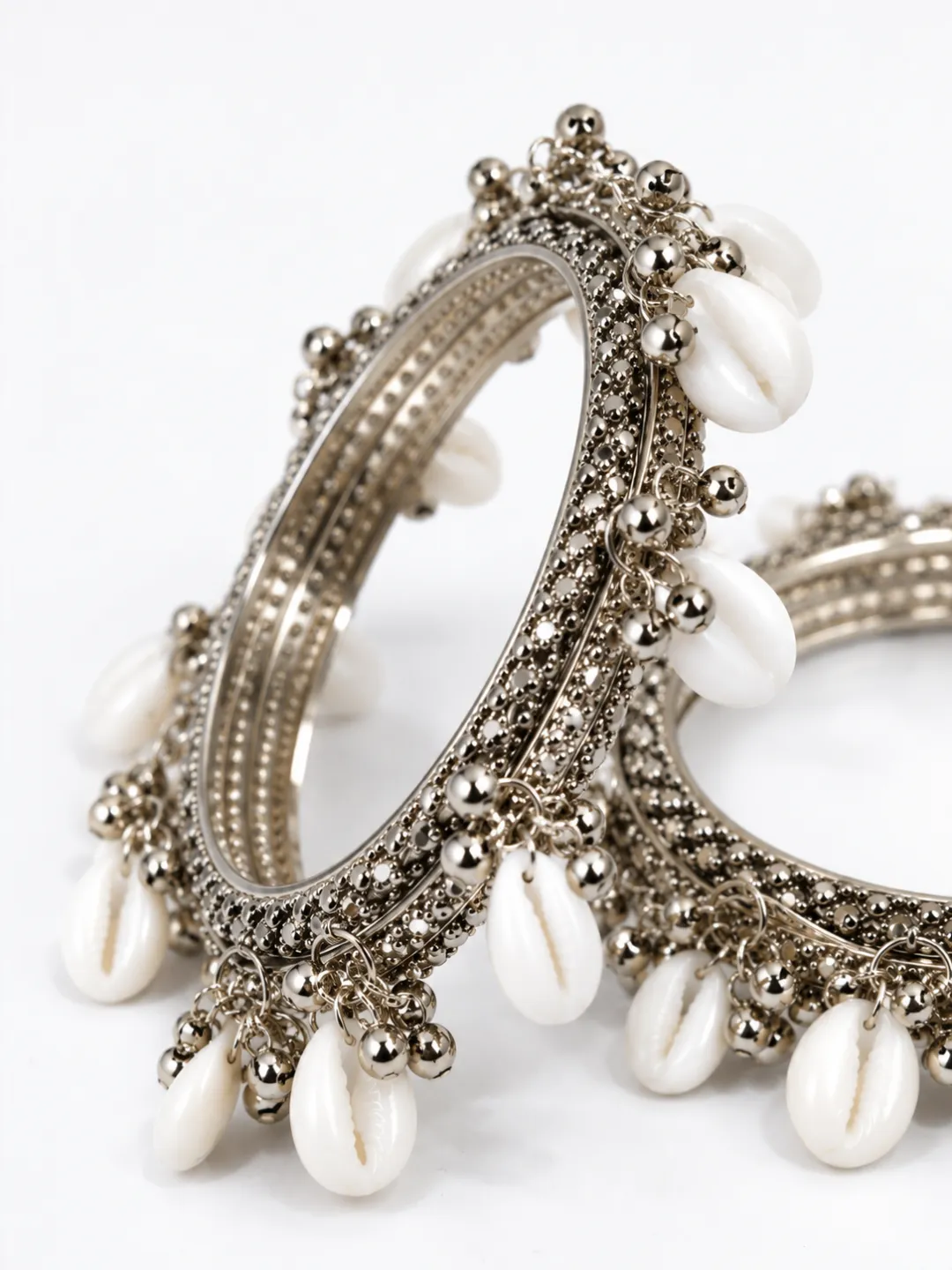 Cowrie Shell Oxidised Bangles — close-up of the cowrie shell trim