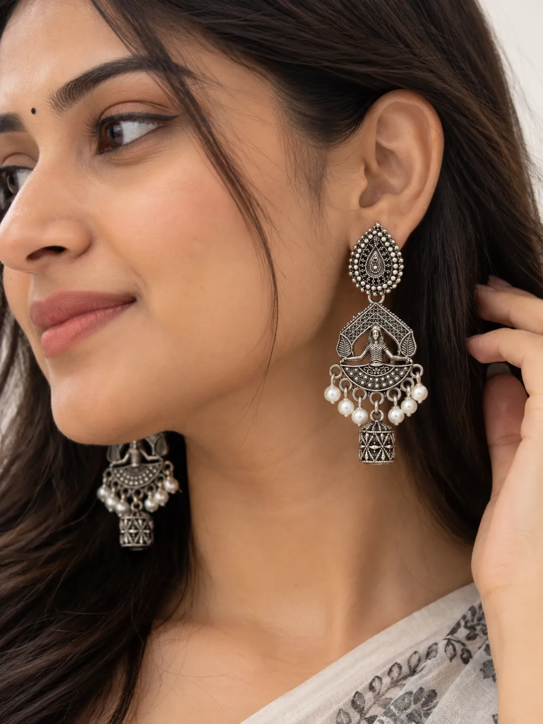 Temple Jhumka with Pearl Drops — worn by a model