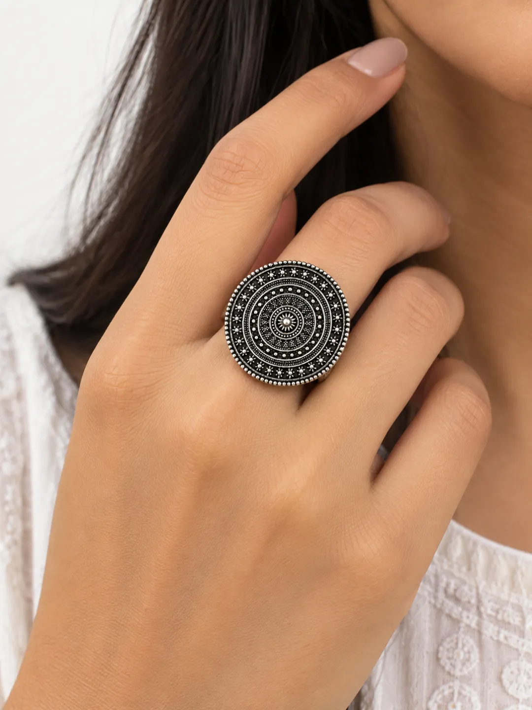 Engraved Mandala Disc Ring — worn on the hand