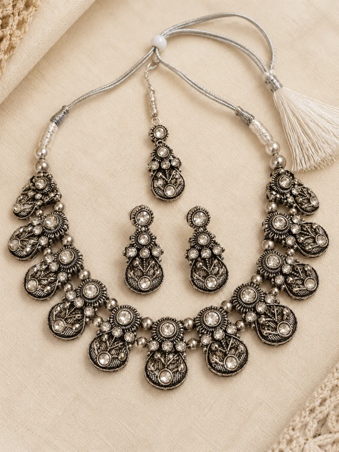 Oxidised Stone Necklace Set with Tikka — full set shown flat