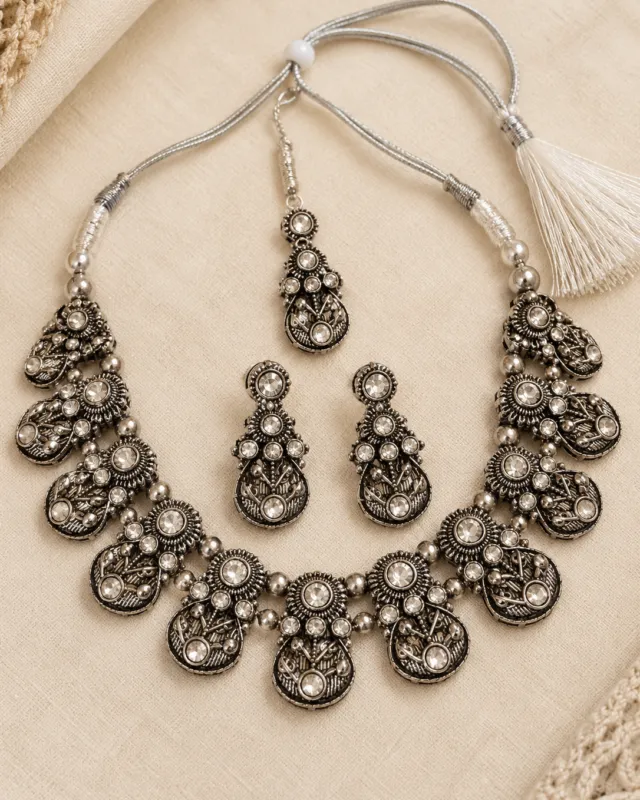 Oxidised Stone Necklace Set with Tikka — full set shown flat