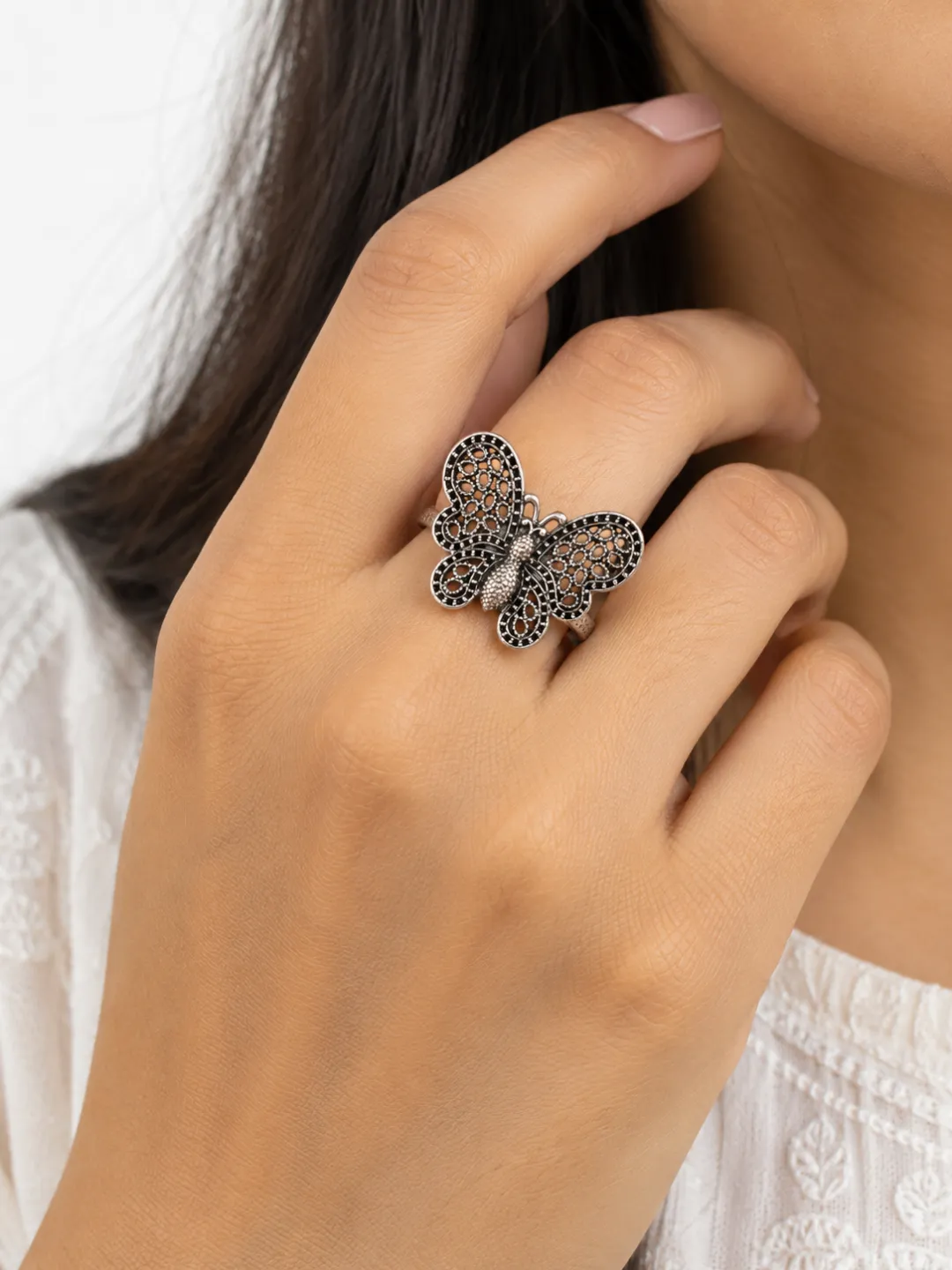 Butterfly Filigree Ring — worn on the hand