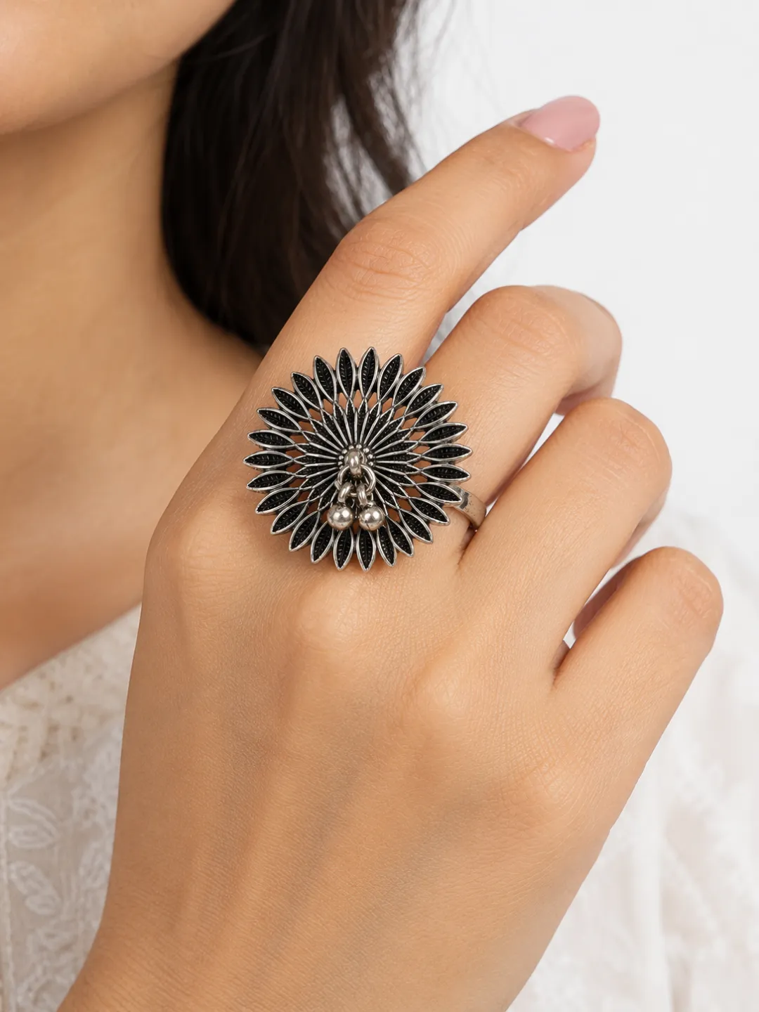 Sunburst Floral Ring — worn on the hand