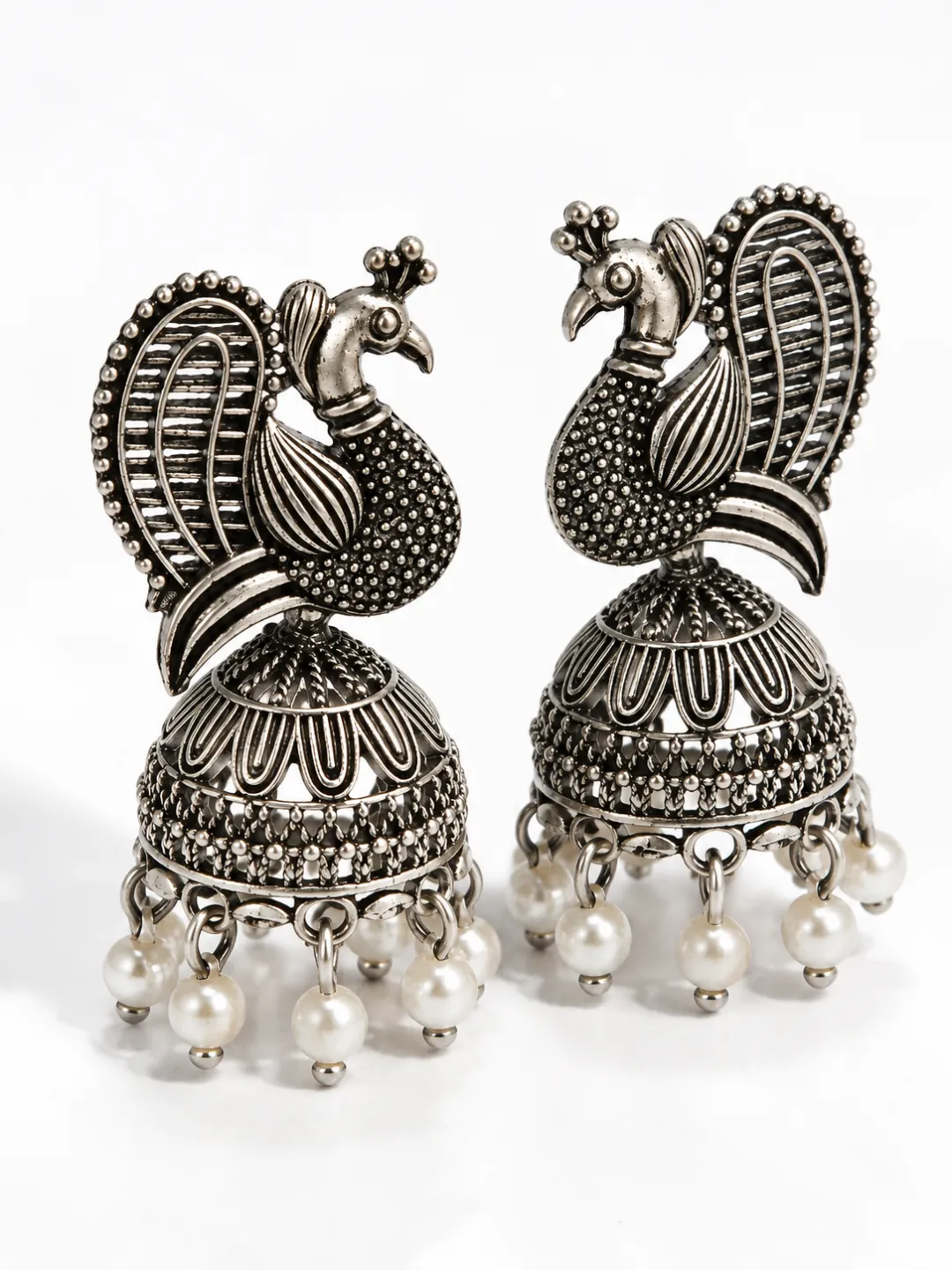 Peacock Jhumka with Pearl Drops — pair shown together