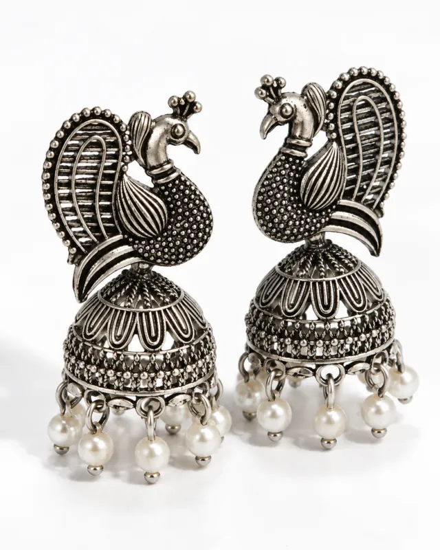 Peacock Jhumka with Pearl Drops — pair shown together