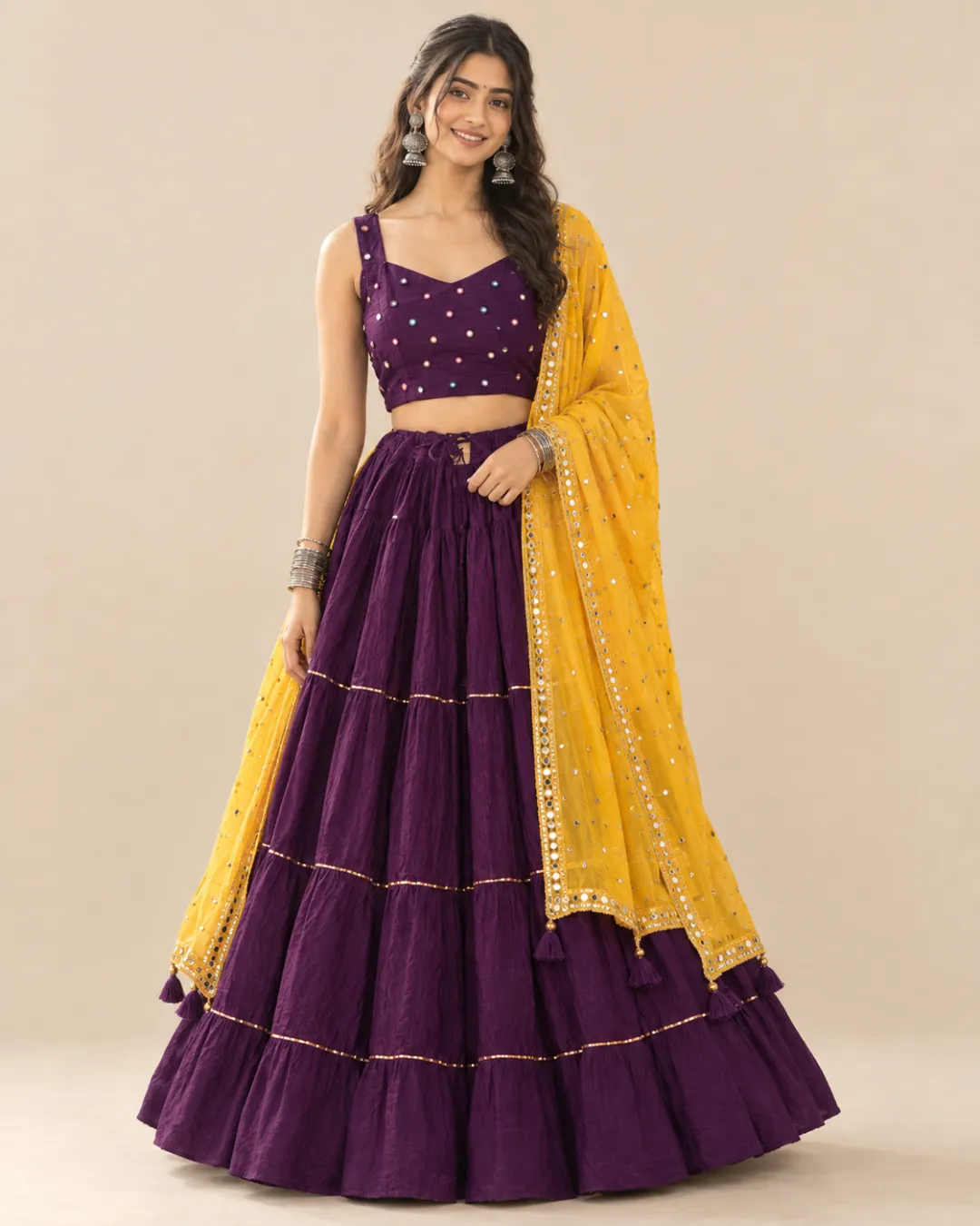 Purple Tiered Lehenga with Mustard Mirror Dupatta — front view of the tiers and mustard dupatta