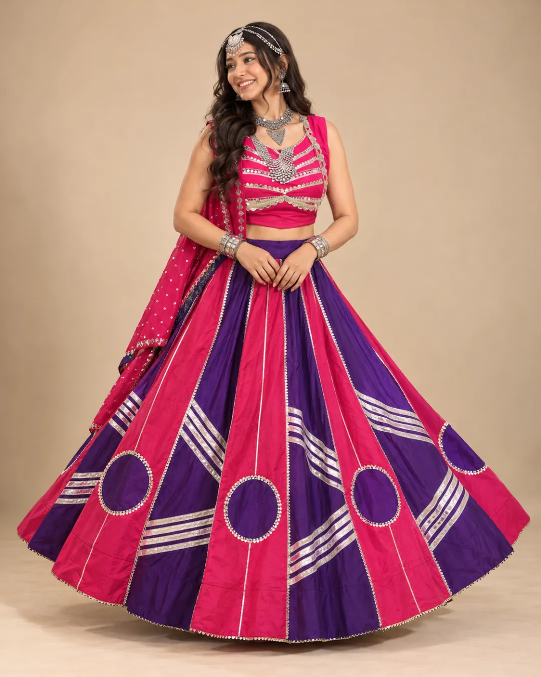 Fuchsia & Purple Panelled Lehenga with Silver Gota Work — front view of the panels and silver gota bands