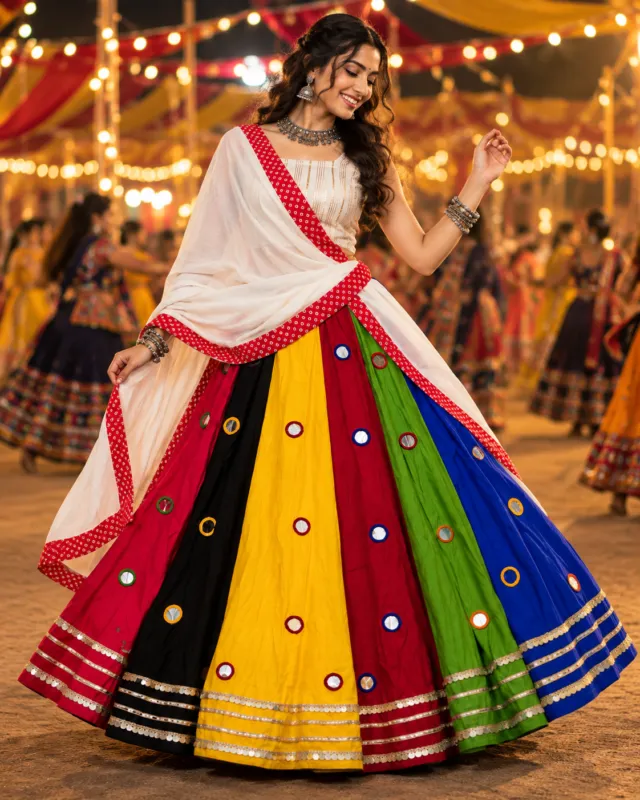 Five-Colour Panelled Mirror Work Chaniya Choli — front view