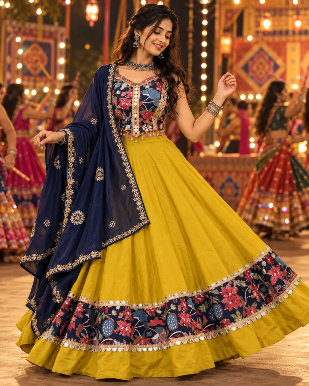 Mustard Lehenga with Navy Floral Border — front view