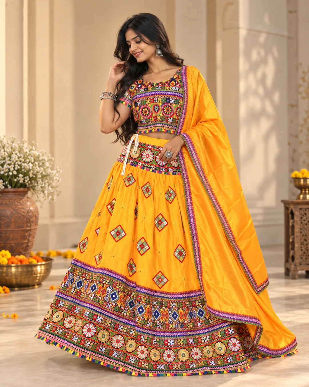 Marigold Yellow Mirror Work Chaniya Choli — front view