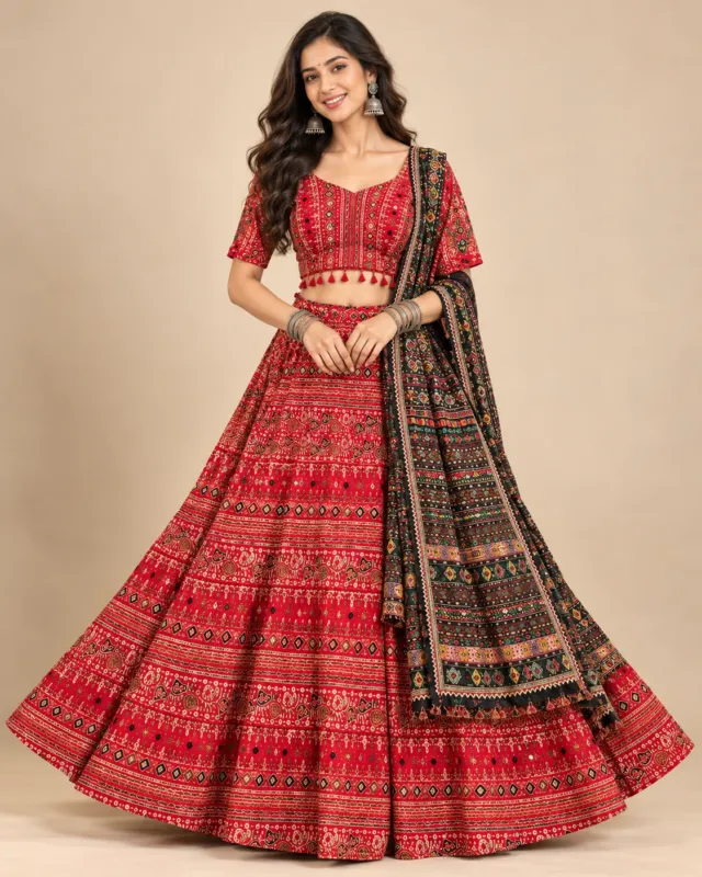 Red Patola Print Lehenga with Tasselled Dupatta — front view of the printed bands and dupatta