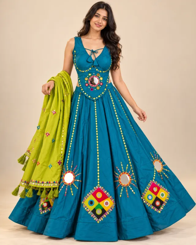 Teal Lehenga with Sunburst Mirror Work and Lime Dupatta — the full set with its lime dupatta