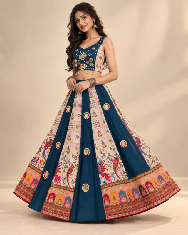 Teal & Cream Folk Print Lehenga with Mirror Discs — front view with the sheer teal dupatta behind
