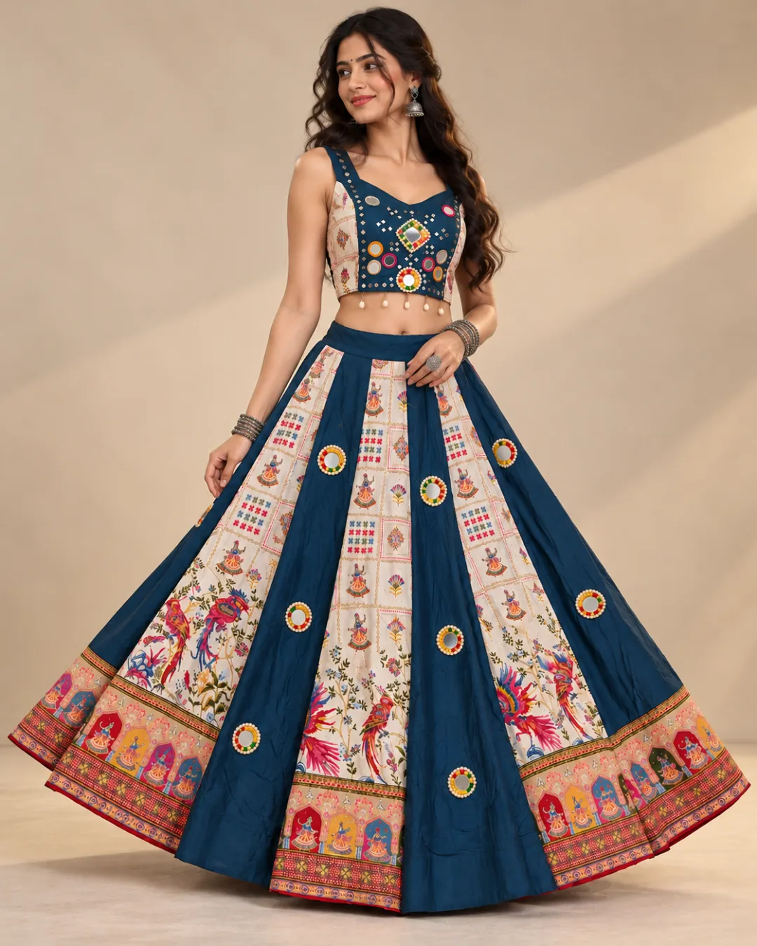 Teal & Cream Folk Print Lehenga with Mirror Discs — side view showing the printed hem border