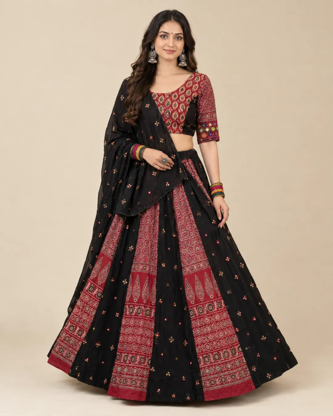 Black & Red Printed Panelled Lehenga with Embroidered Dupatta — front view of the printed panels and dupatta
