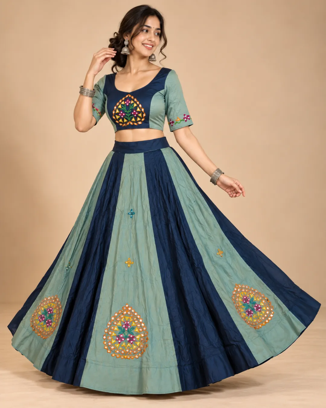 Navy & Sage Panelled Lehenga with Mirrored Paisley — side view with the skirt turning