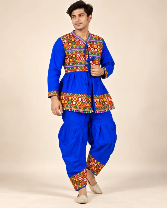 Royal Blue Embroidered Kediyu Set — three-quarter view