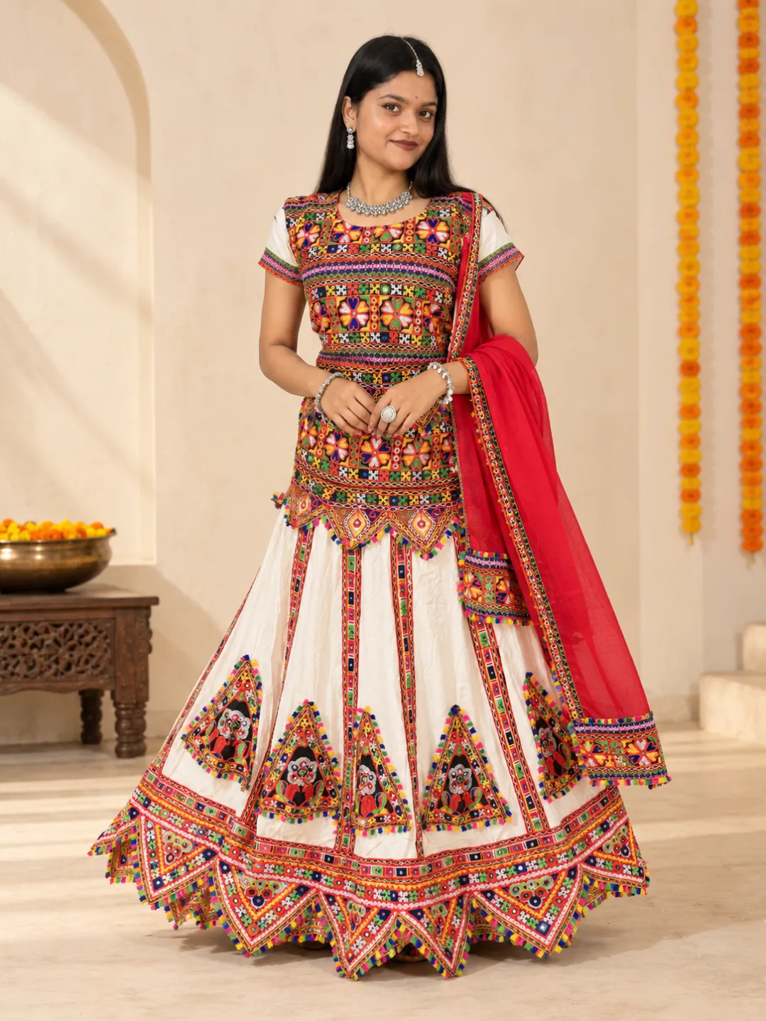 Ivory Mirror Work Chaniya Choli — full length view