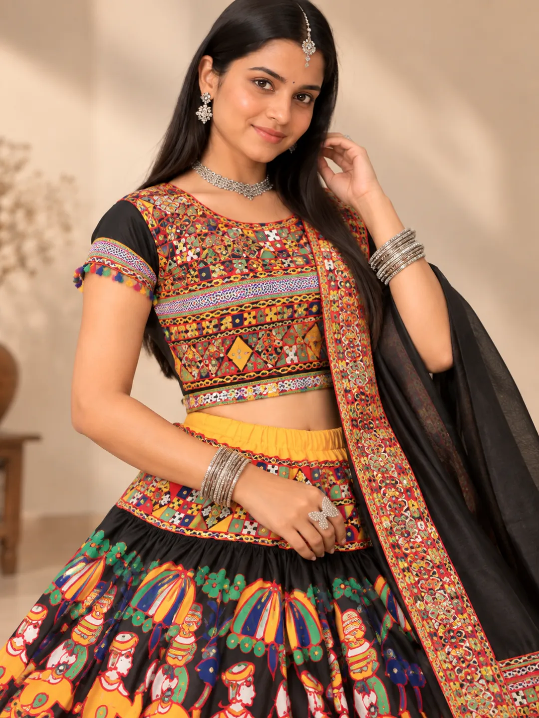 Black Garba Dancer Print Lehenga — choli and dupatta, close view