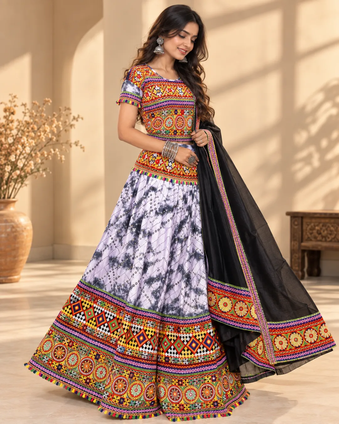 Grey Tie-Dye Lehenga with Folk Embroidered Border — front view