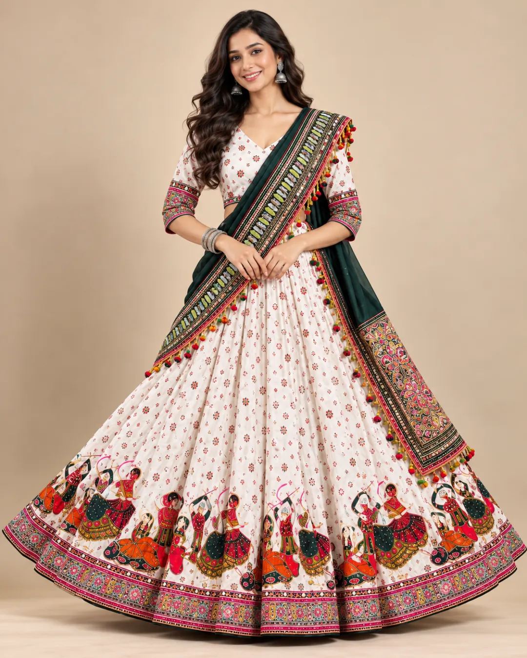 Ivory Garba Dancer Print Lehenga with Green Dupatta — front view of the dancer border and green dupatta