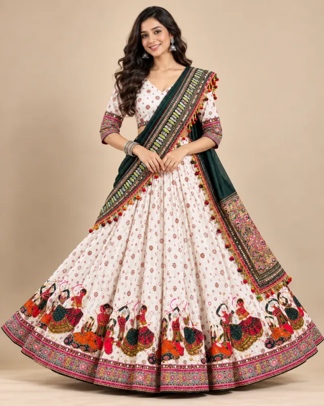 Ivory Garba Dancer Print Lehenga with Green Dupatta — front view of the dancer border and green dupatta