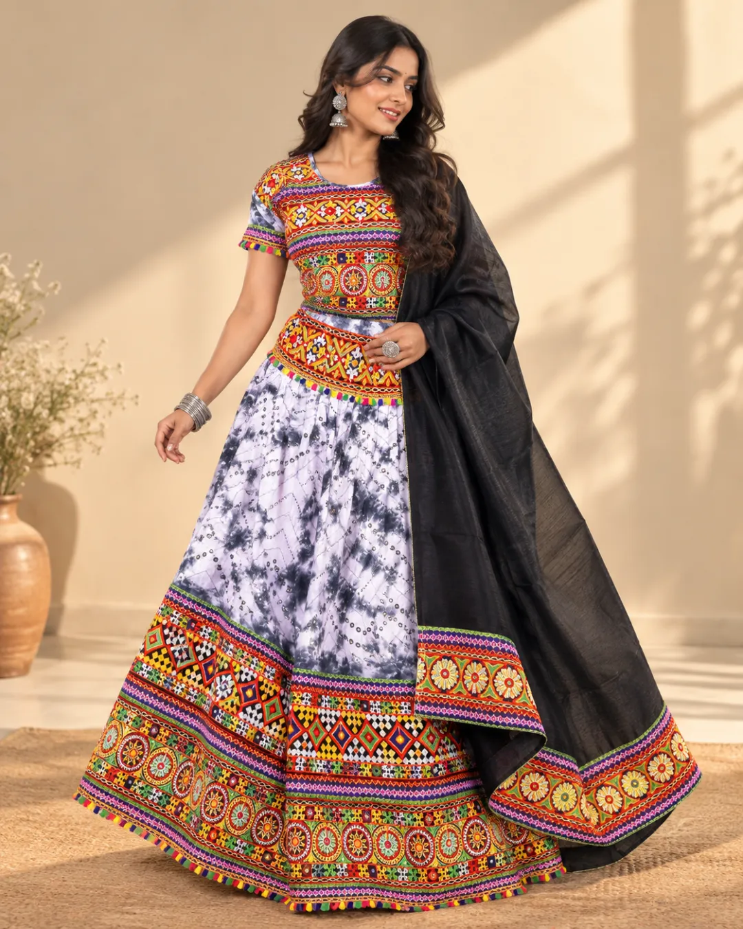 Grey Tie-Dye Lehenga with Folk Embroidered Border — three-quarter view