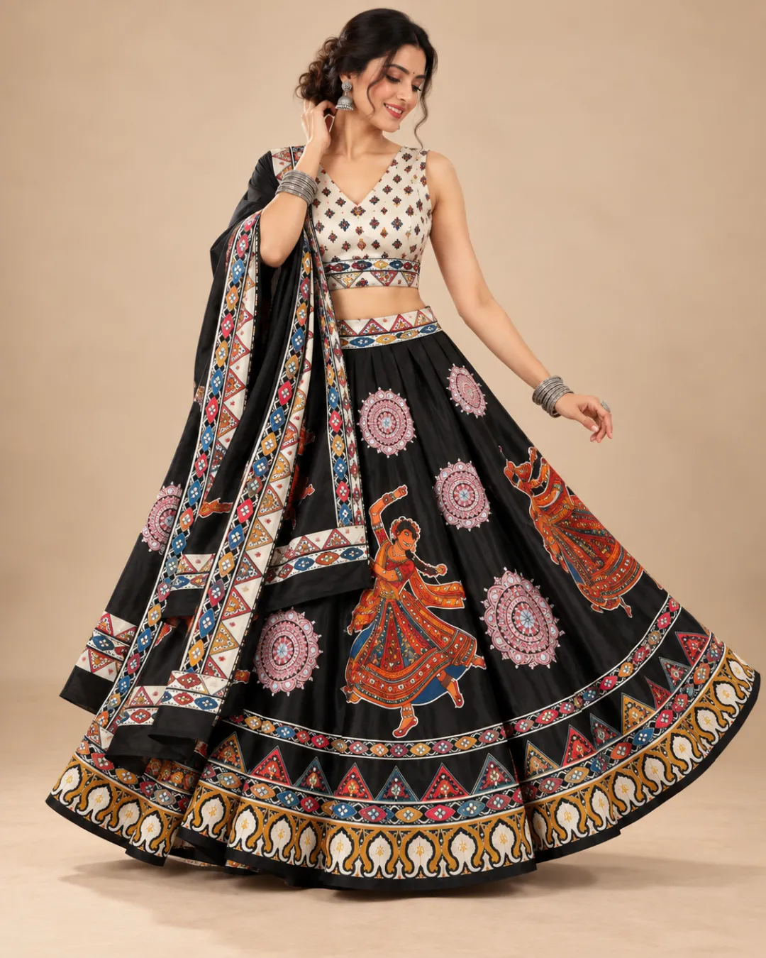 Black Garba Dancer Lehenga with Elephant Border — front view with the printed black dupatta