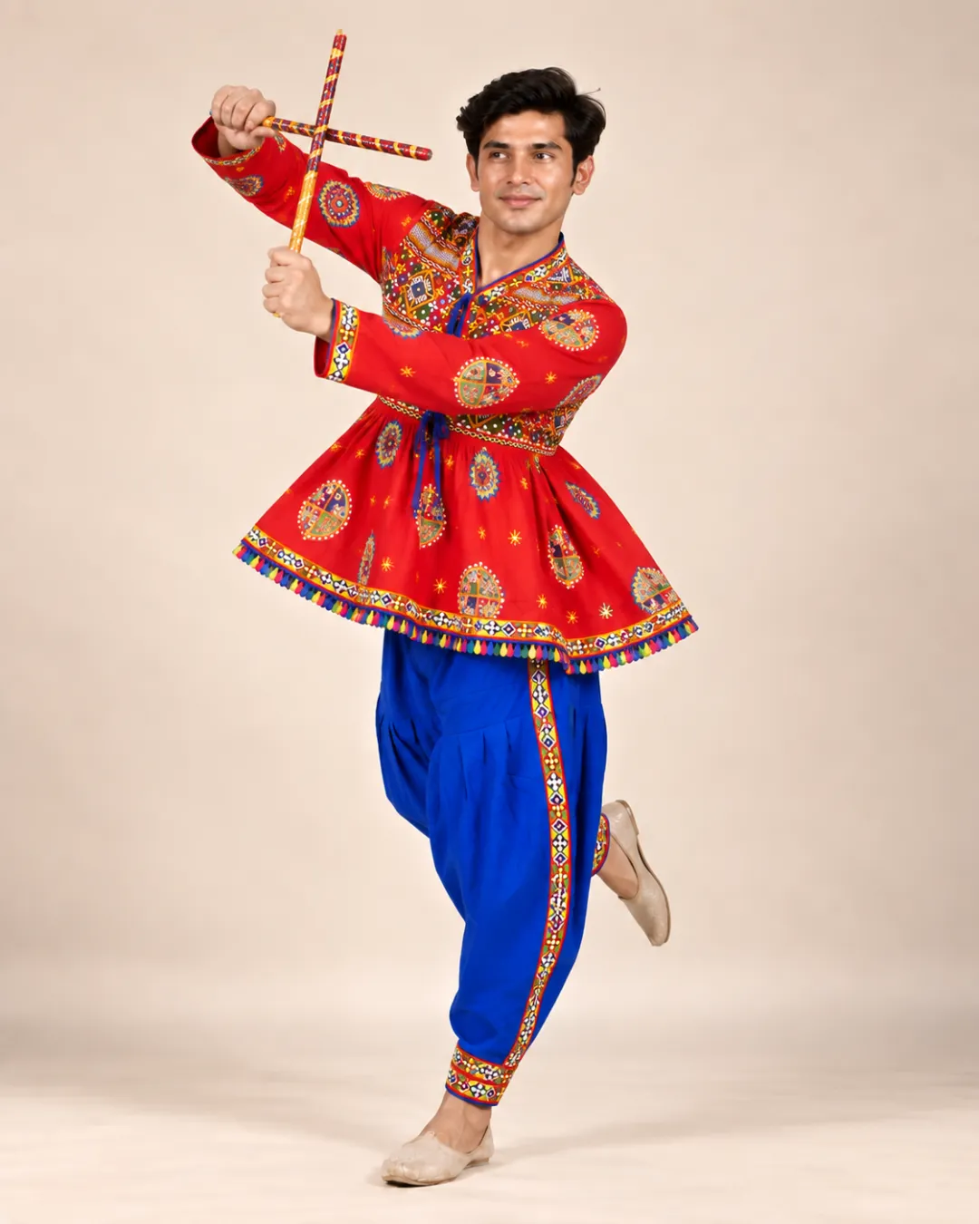 Red Printed Kediyu with Blue Pants — dandiya pose