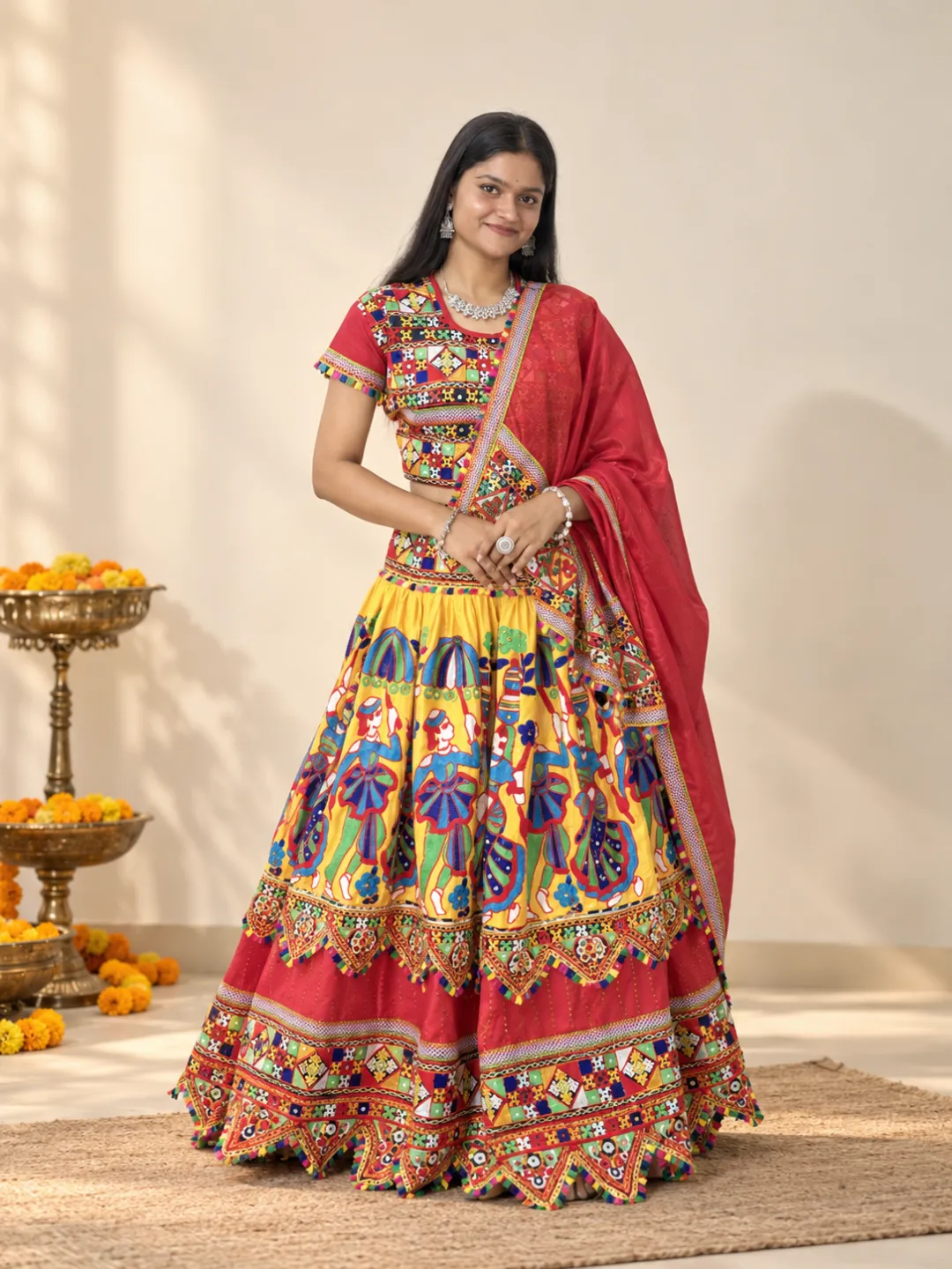 Red & Yellow Floral Print Chaniya Choli — full length view