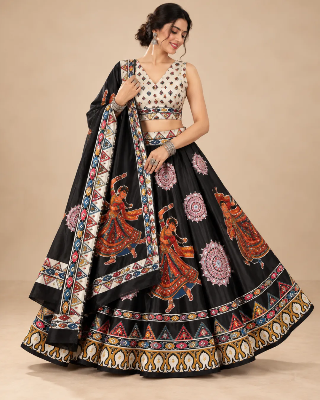 Black Garba Dancer Lehenga with Elephant Border — dupatta held out, dancer print in view
