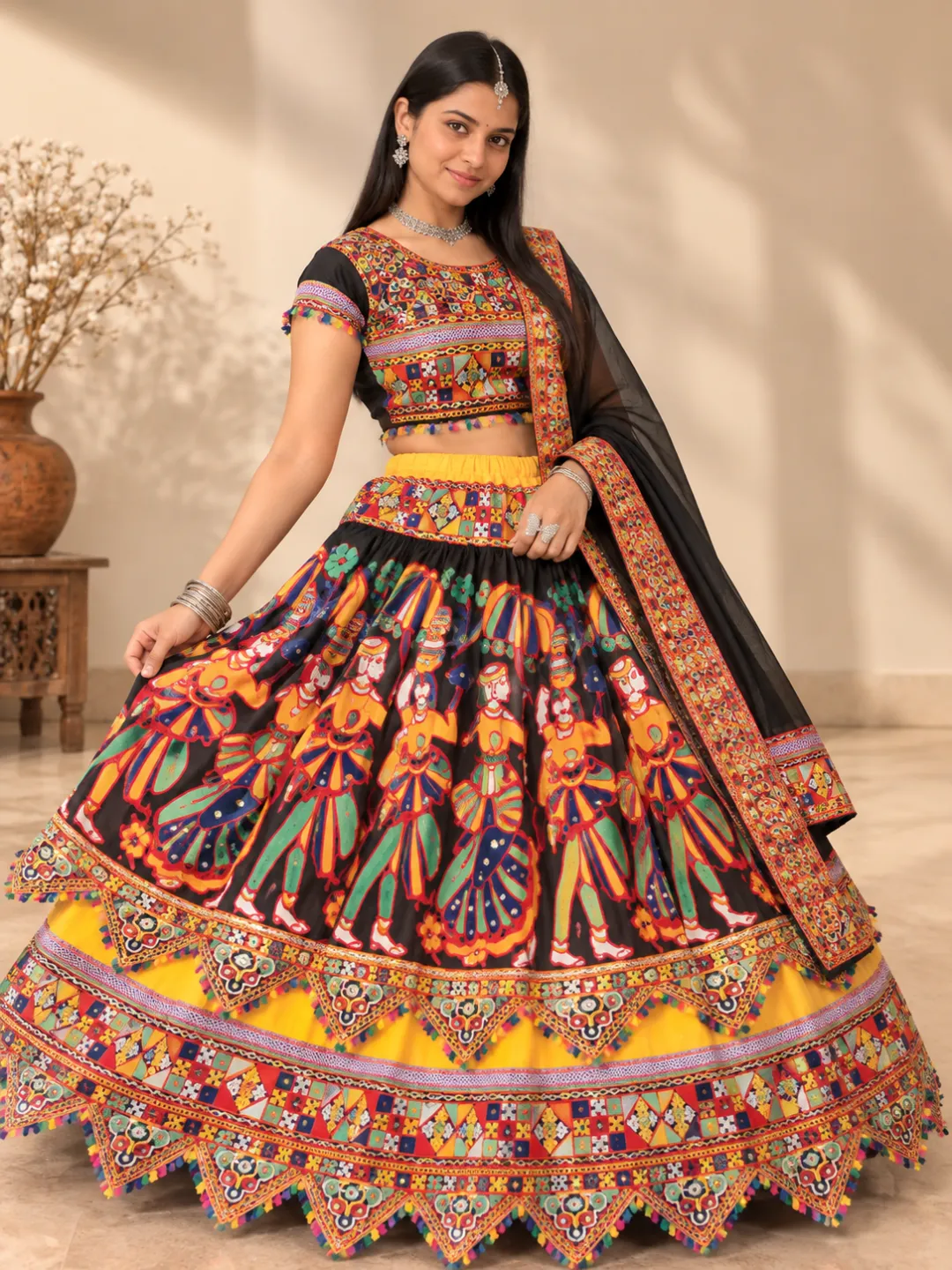 Black Garba Dancer Print Lehenga — full lehenga