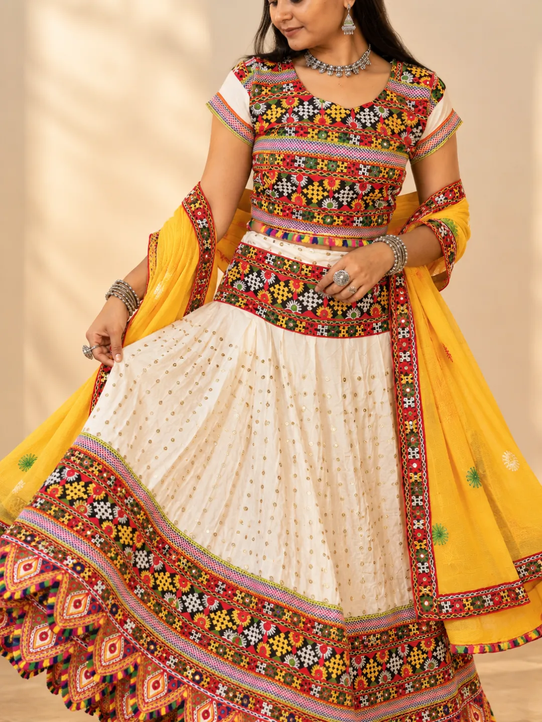 Ivory & Yellow Sequin Chaniya Choli — close-up of the embroidered border