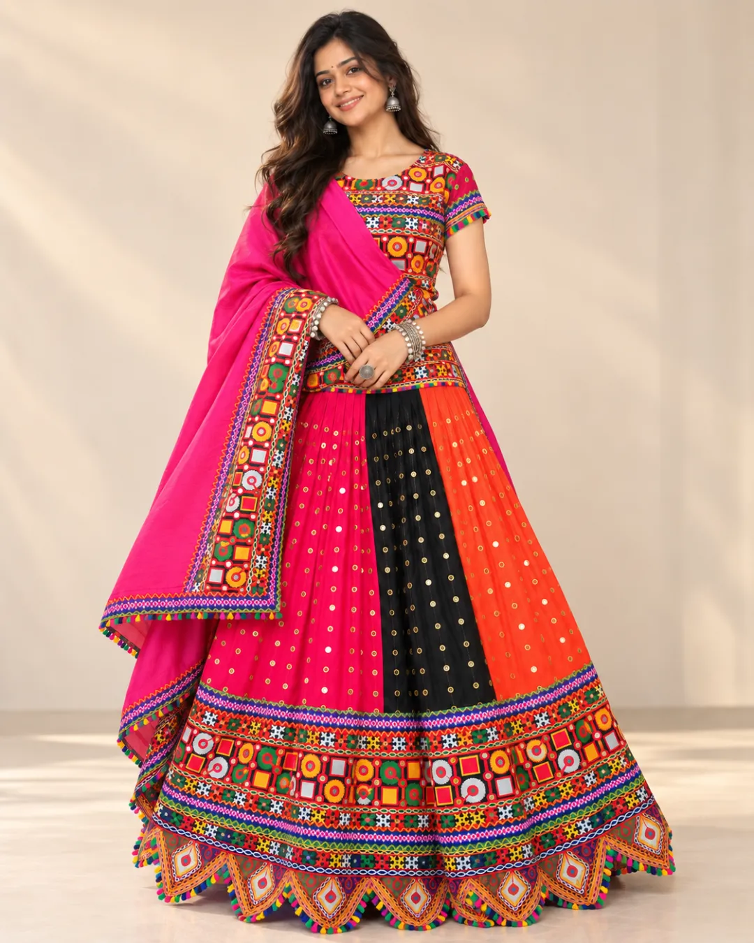 Pink, Black & Orange Panelled Garba Lehenga — front view on a plain background