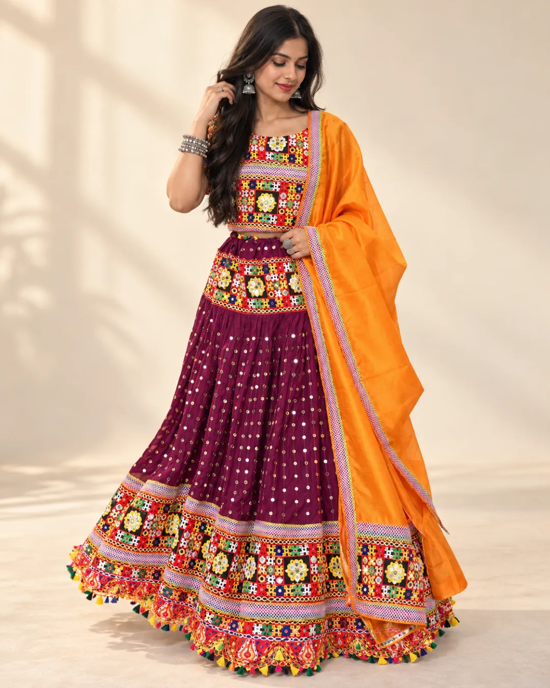 Wine Sequin Lehenga with Orange Dupatta — front view