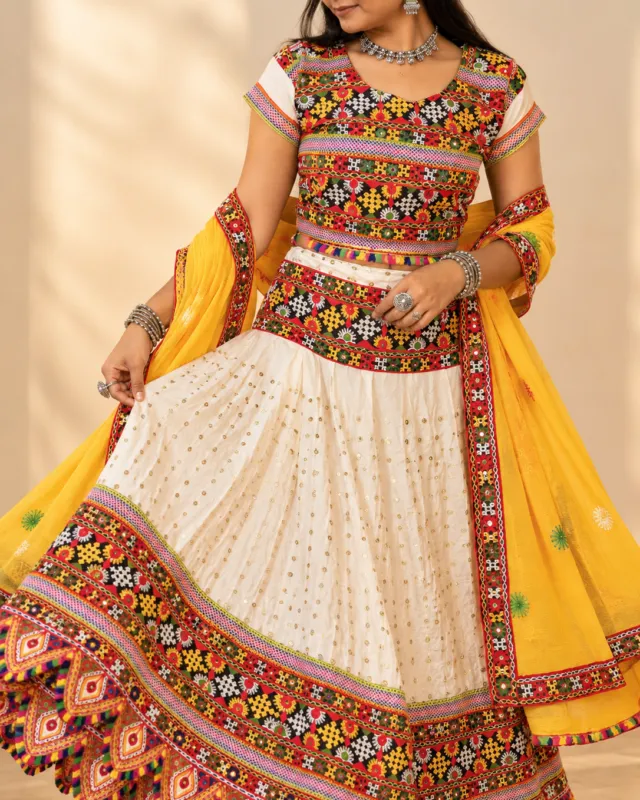 Ivory & Yellow Sequin Chaniya Choli — close-up of the embroidered border