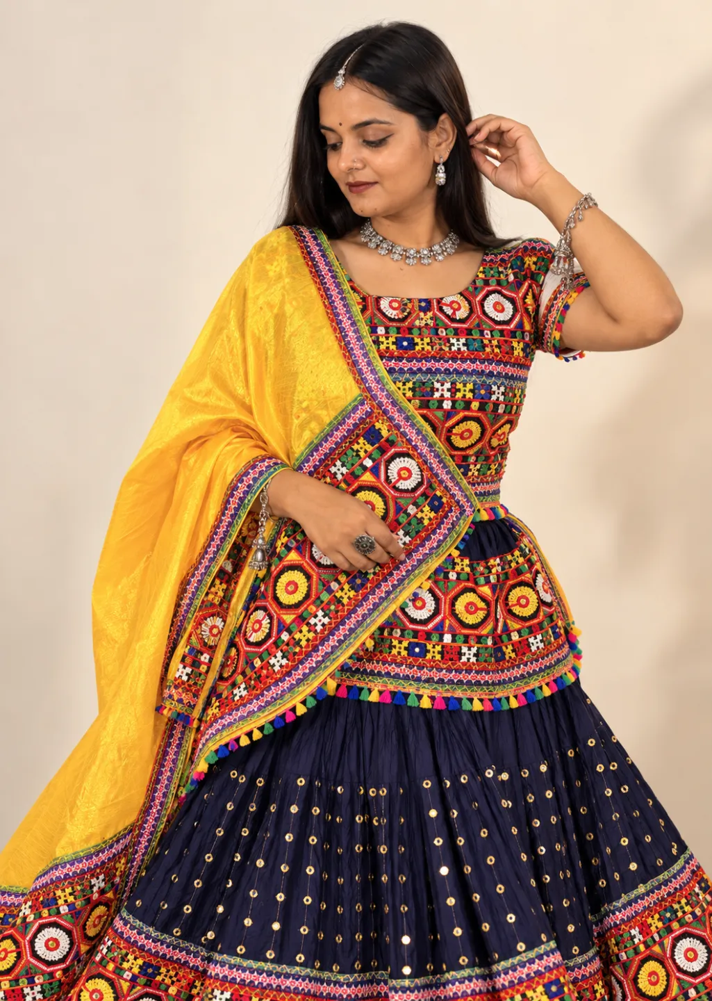 Navy Blue Mirror Work Chaniya Choli — styled portrait