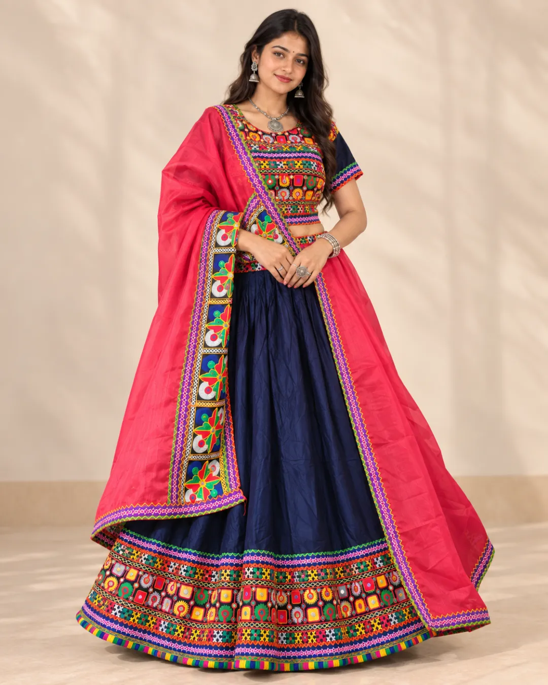Navy Blue Mirror Work Lehenga with Pink Dupatta — front view on a plain background