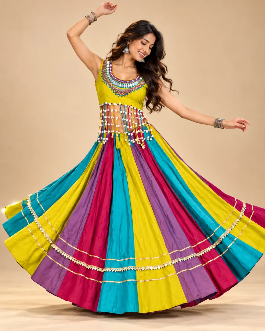 Multicolour Panelled Lehenga with Mirror Yoke Choli — mid-turn with the skirt fully open