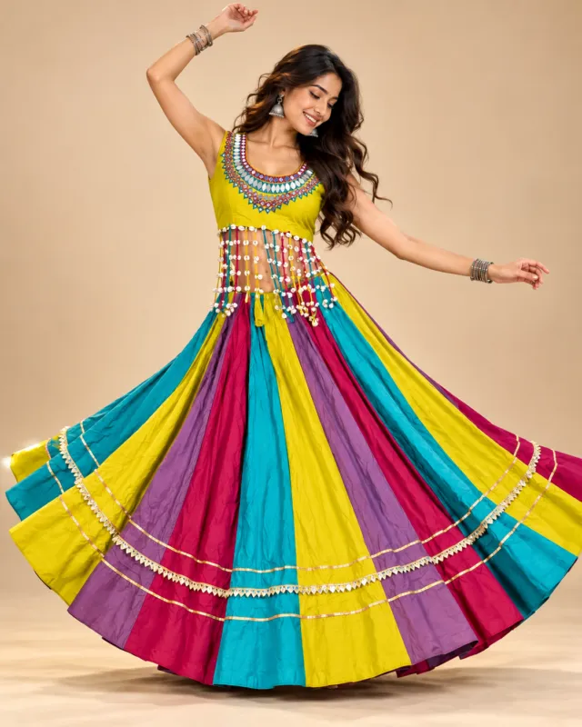 Multicolour Panelled Lehenga with Mirror Yoke Choli — mid-turn with the skirt fully open