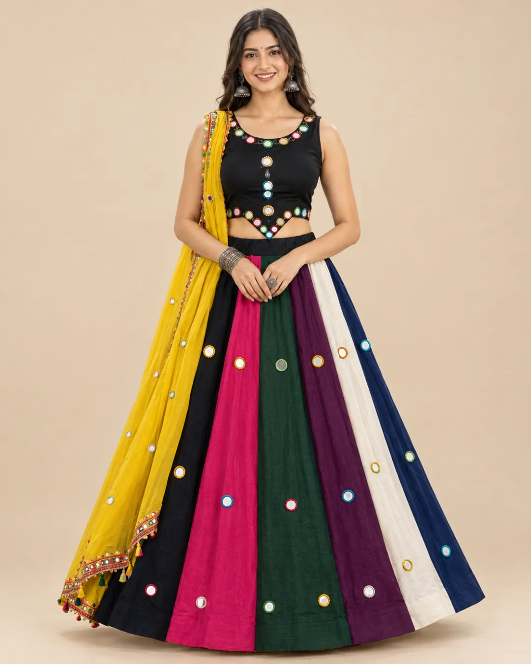 Multicolour Panelled Mirror Lehenga with Mustard Dupatta — front view of all six panels and the mustard dupatta