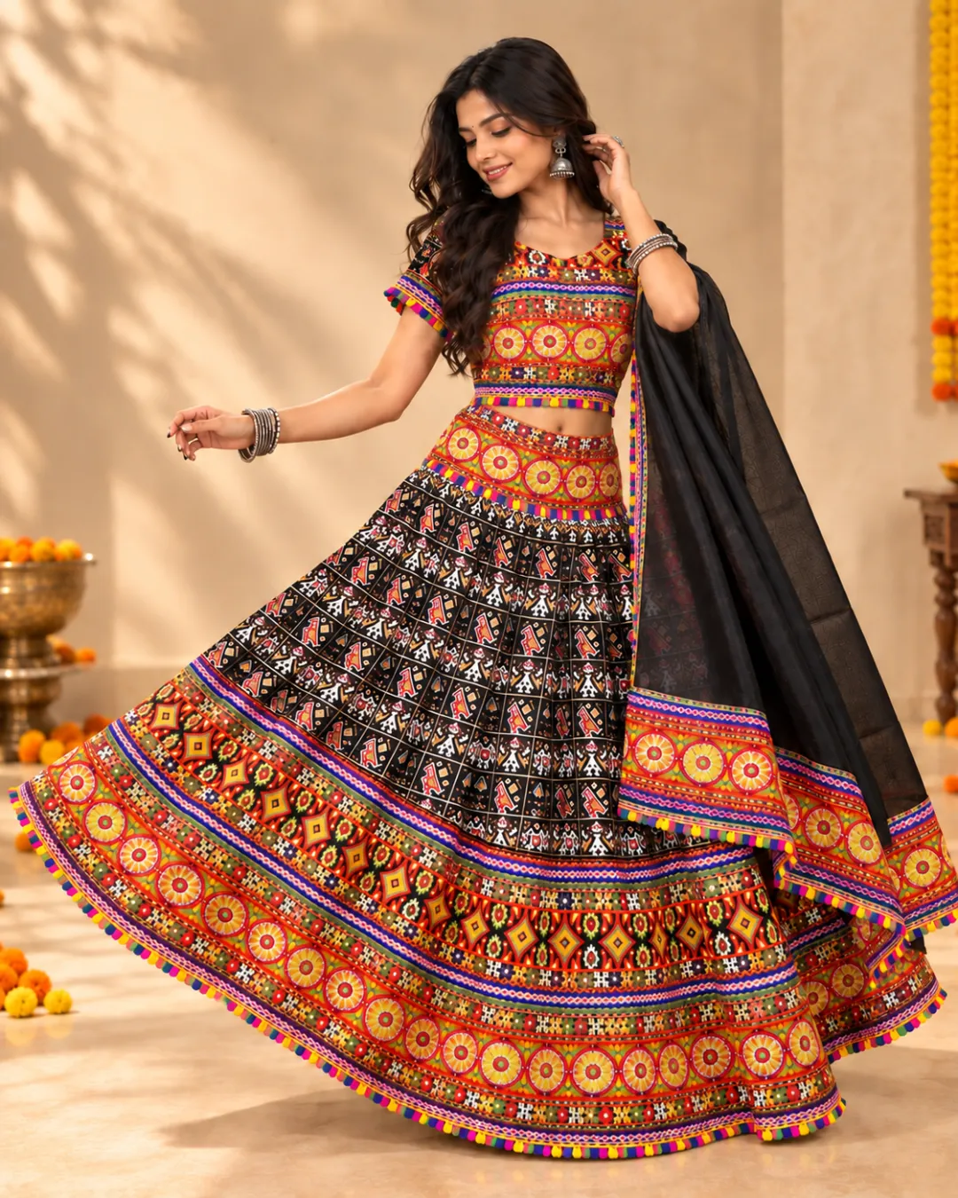 Black Folk Print Garba Lehenga — front view