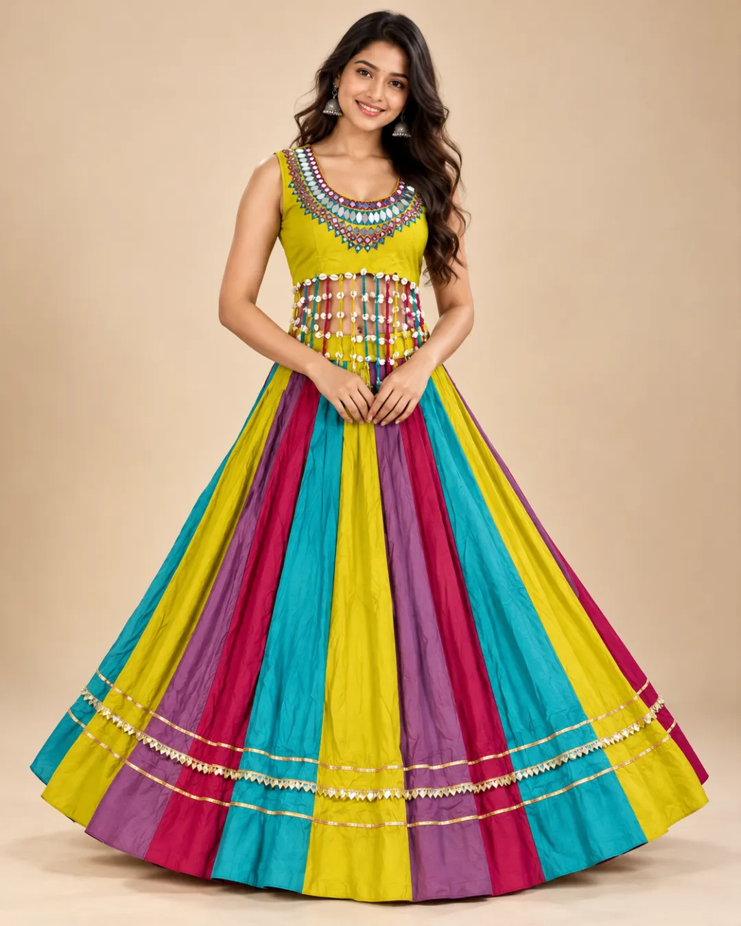 Multicolour Panelled Lehenga with Mirror Yoke Choli — front view of the panels and mirrored yoke