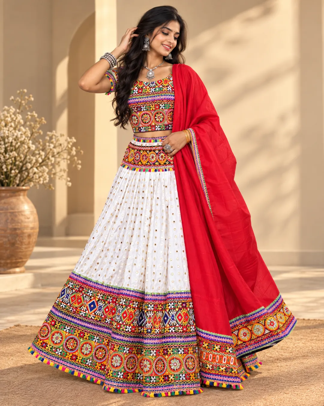 White Sequin Lehenga with Red Dupatta — front view