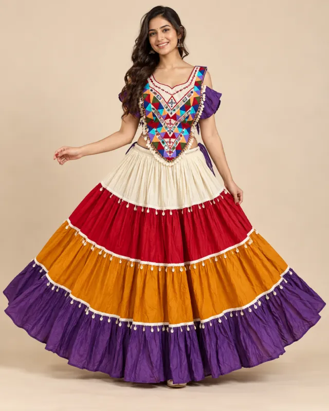 Ivory, Red & Purple Tiered Lehenga with Mirror Yoke — front view of the tiers and mirrored yoke