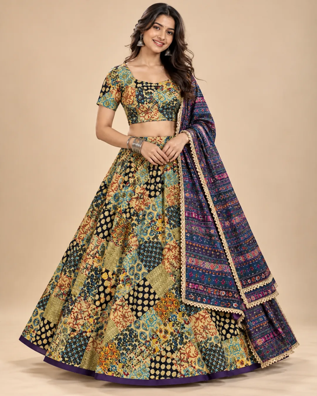 Gold & Teal Patchwork Print Lehenga with Purple Dupatta — front view of the patchwork print and purple hem