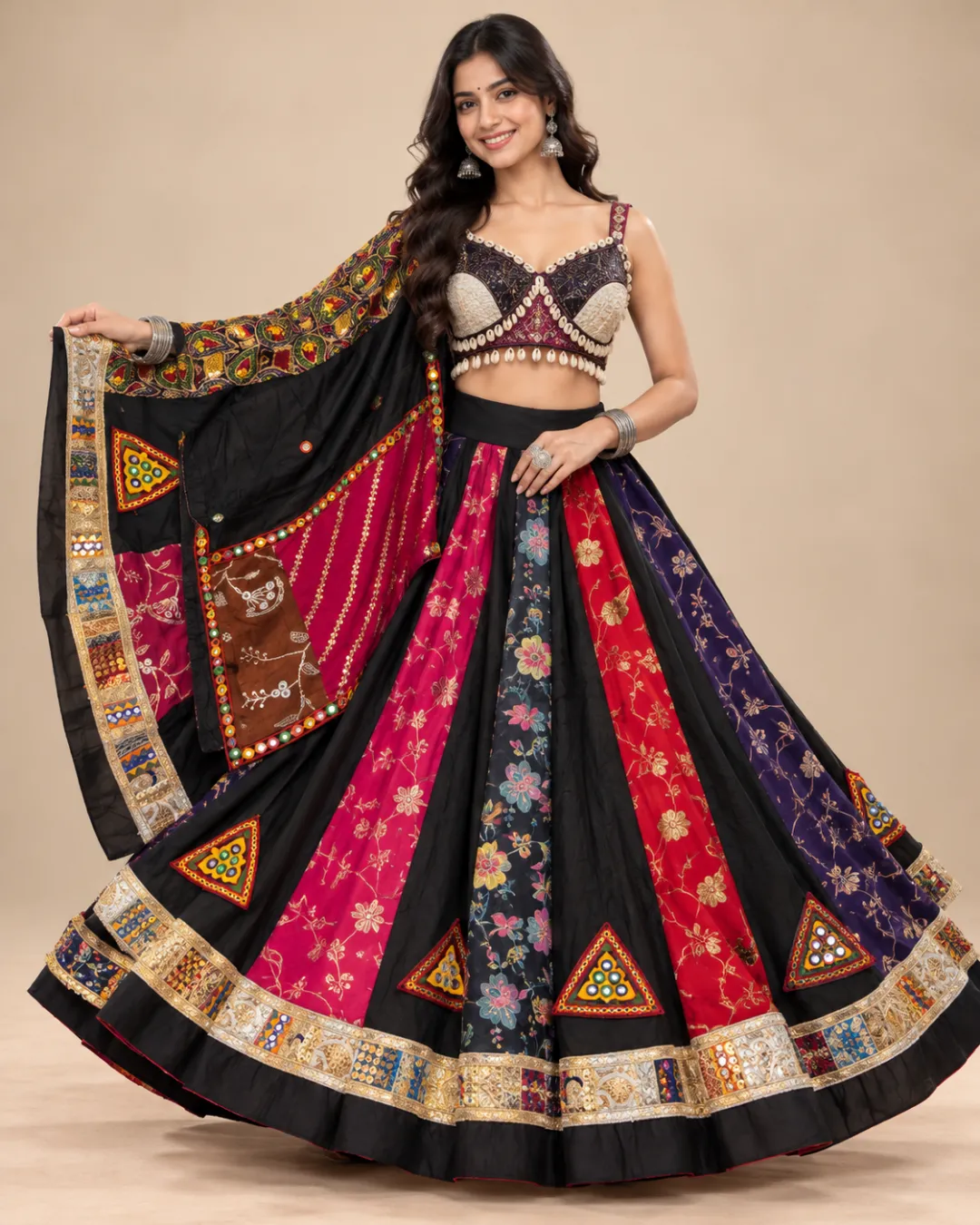 Black & Magenta Patchwork Lehenga with Mirror Border — the full set with its embroidered dupatta