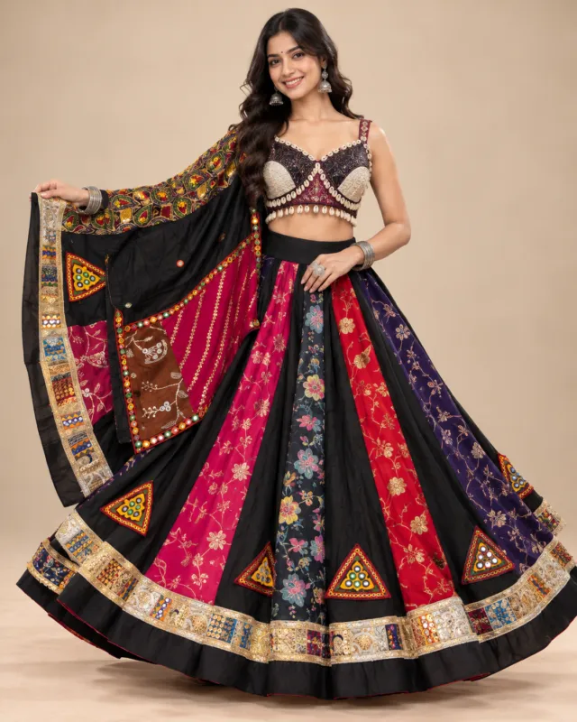 Black & Magenta Patchwork Lehenga with Mirror Border — the full set with its embroidered dupatta